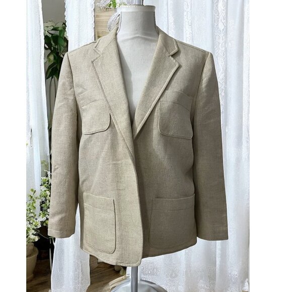 Vintage‎ Liz Claiborne Tan Linen Cotton Open Front Blazer Jacket Size 14 - Picture 1 of 9